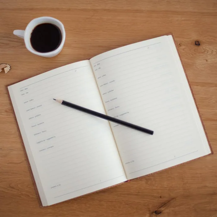Open notebook with a pencil and a cup of coffee on a wooden desk